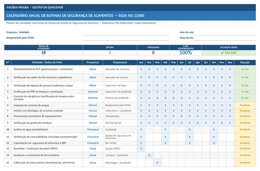Trecho real do arquivo Bonus Calendario de Rotinas de Seguranca de Alimentos (Excel)